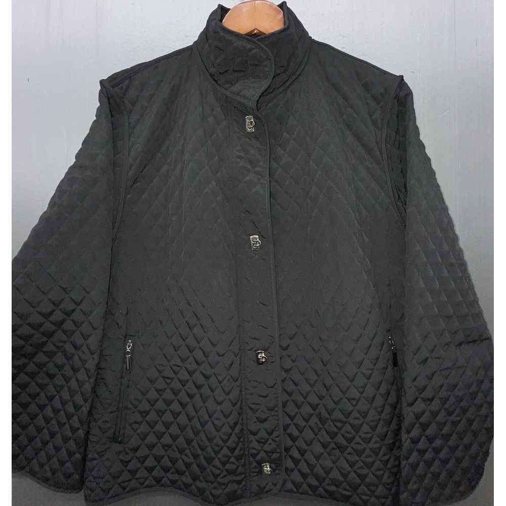 Gallery Coat Women XL Black Quilted Silver Toggle Closures Zip Pockets Jacket